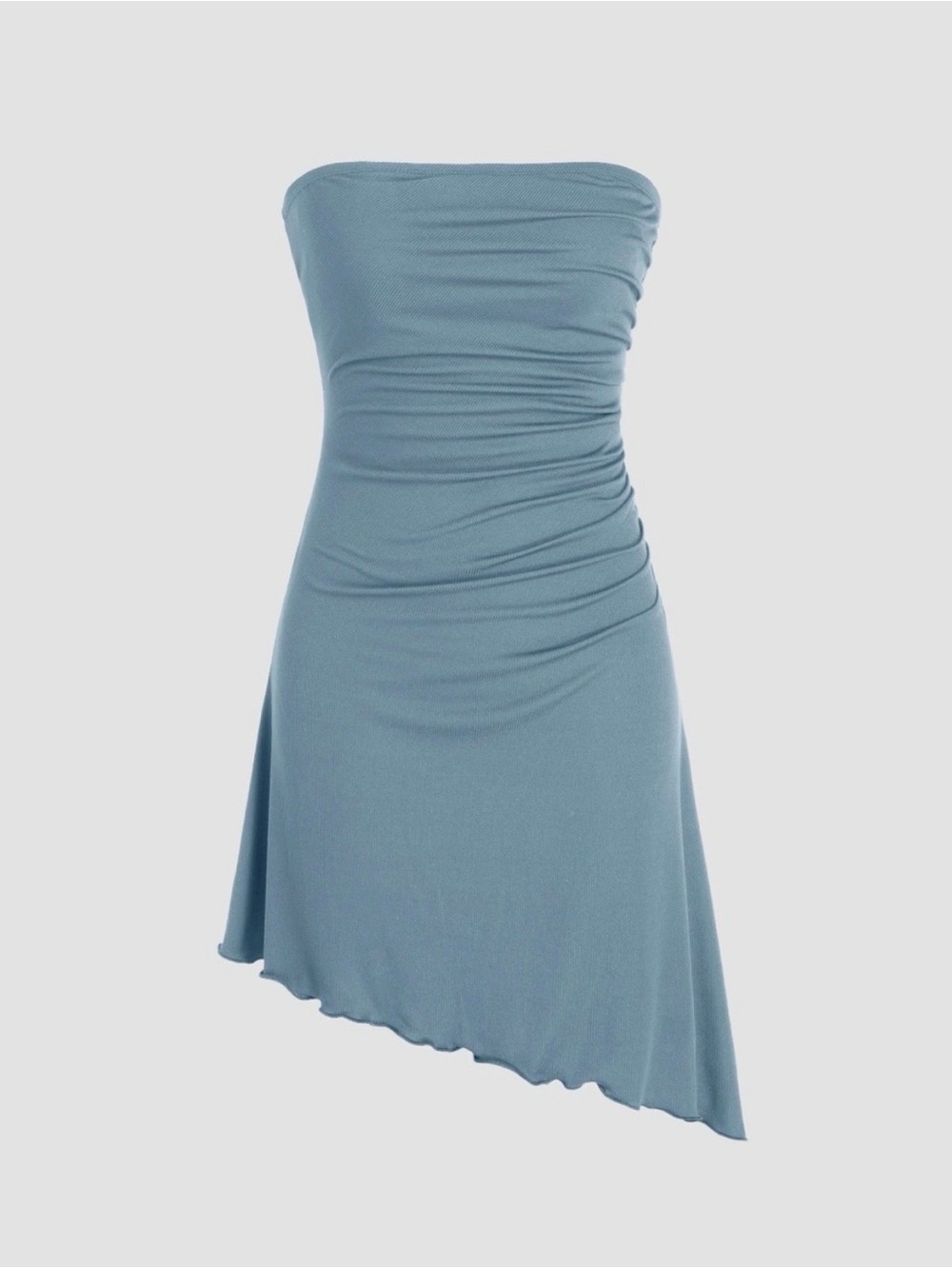 Cider Strapless Ruched Asymmetrical Dress in Dusty Blue